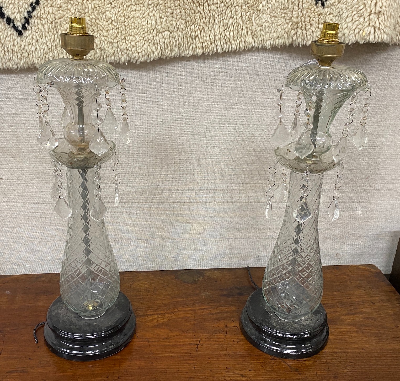 A pair of Victorian style glass lustre table lamps, height 59cm